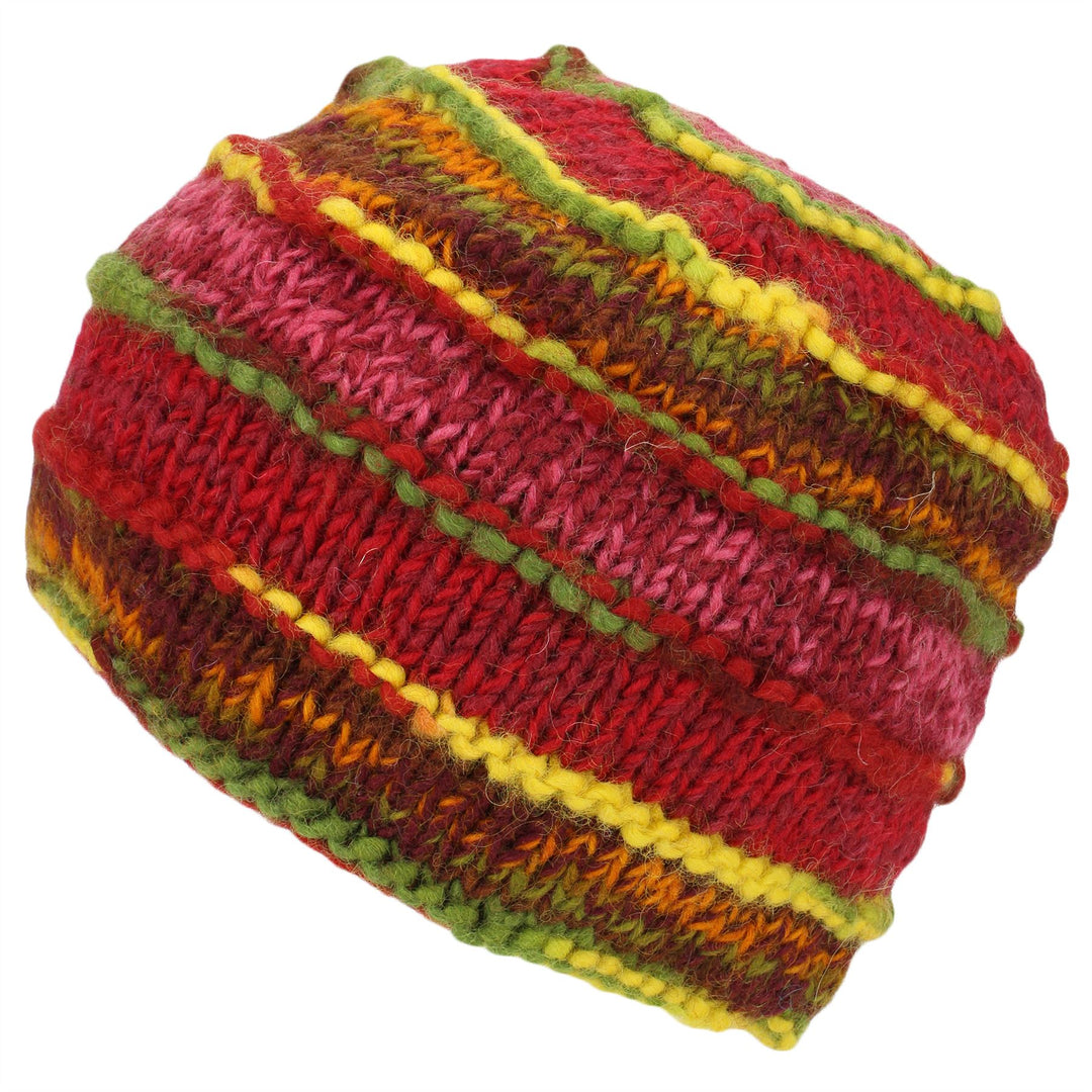 Chunky Ribbed Wool Knit Beanie Hat with Space Dye Design - Red