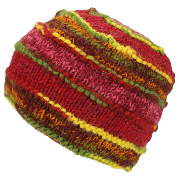 Chunky Ribbed Wool Knit Beanie Hat with Space Dye Design - Red