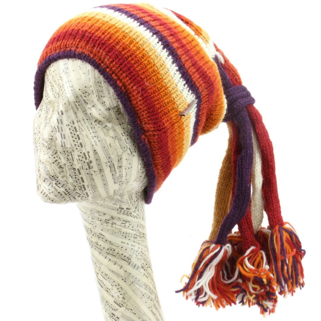 Wool Knit 'Fountain' Tassels Beanie Hat - Orange Rust