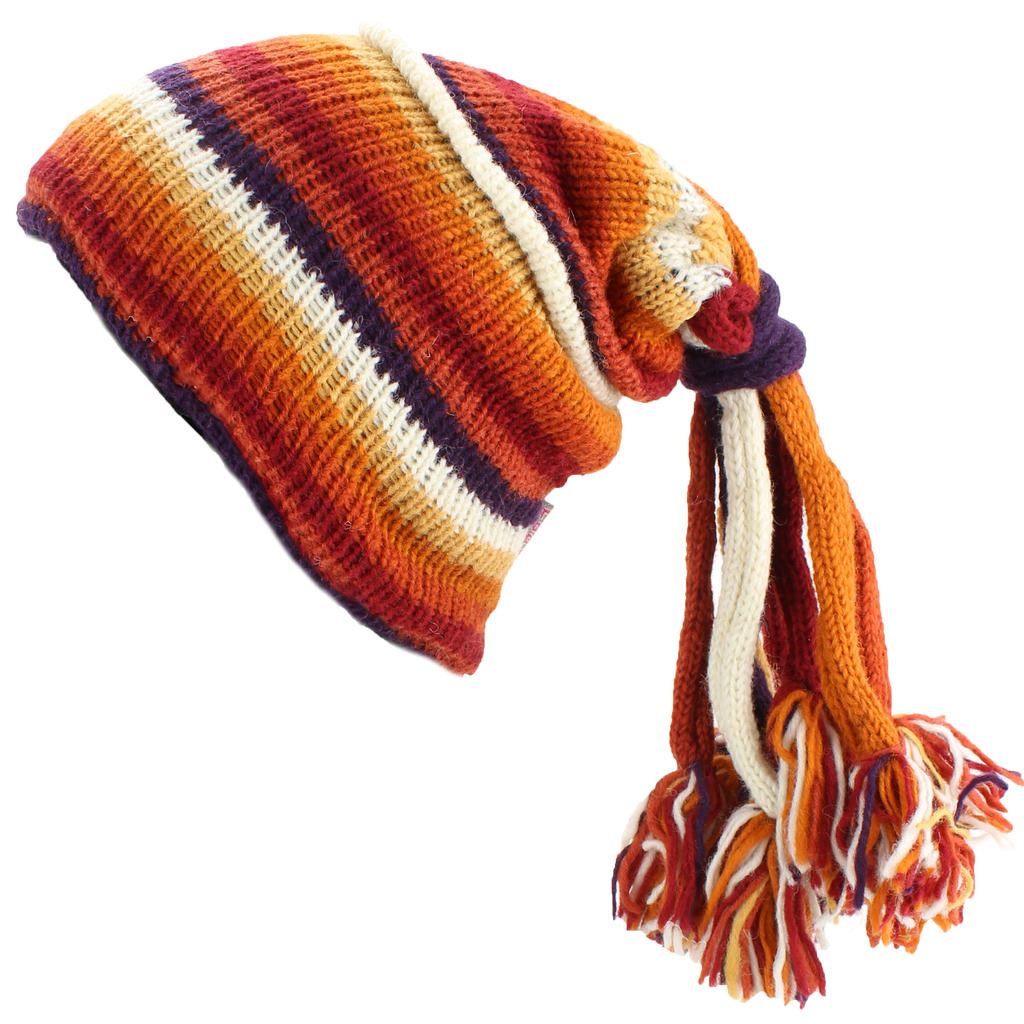 Wool Knit 'Fountain' Tassels Beanie Hat - Orange Rust