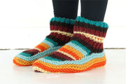 Hand Knitted Wool Slipper Socks - Stripe Retro D