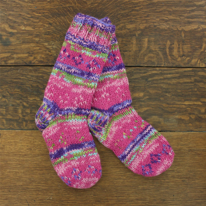 Hand Knitted Wool Slipper Socks Lined - SD Pink Purple