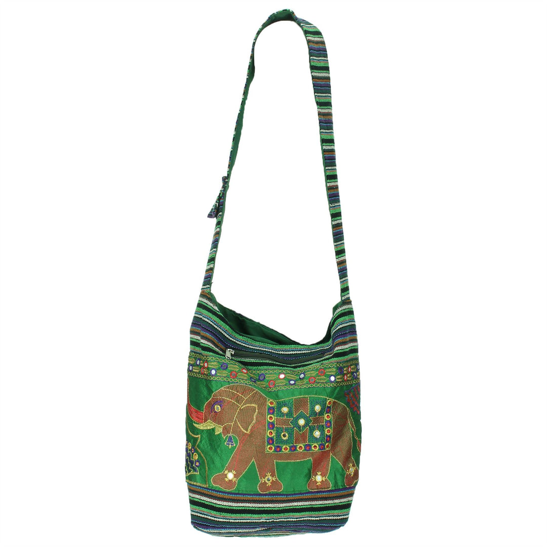 Embroidered Elephant Canvas Sling Shoulder Bag - Green Purple
