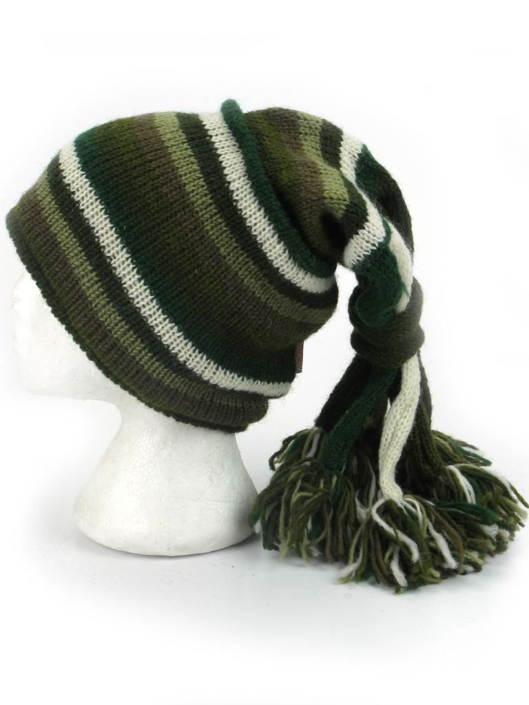 Wool Knit 'Fountain' Tassels Beanie Hat - Green