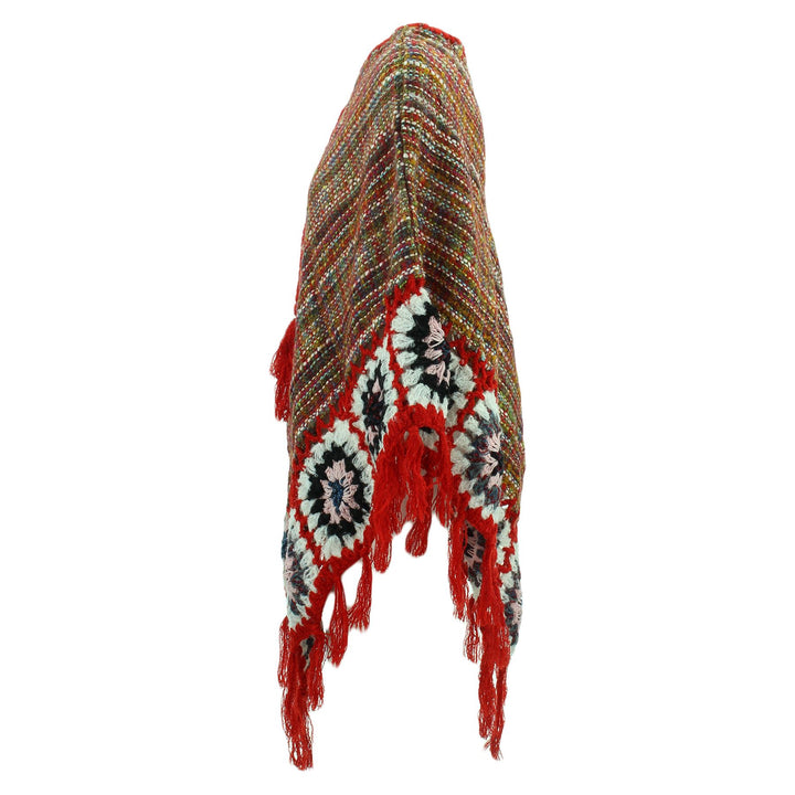 Granny Squares Crochet Poncho Long - Rainbow/Red