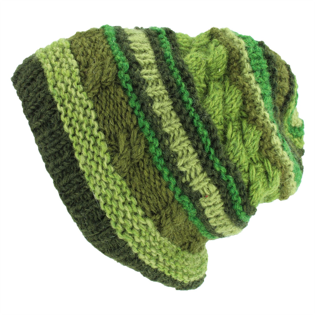 Wool Knit Beanie Hat - Stripe Green