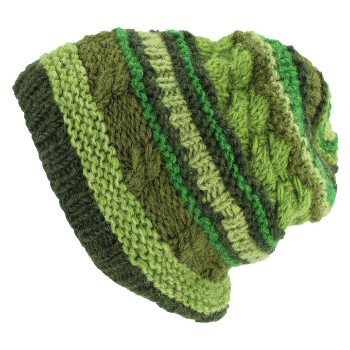Wool Knit Beanie Hat - Stripe Green