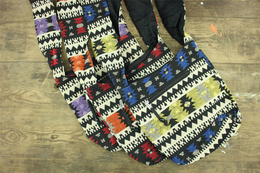 Cotton Canvas Sling Shoulder Bag - Aztec Grey Black