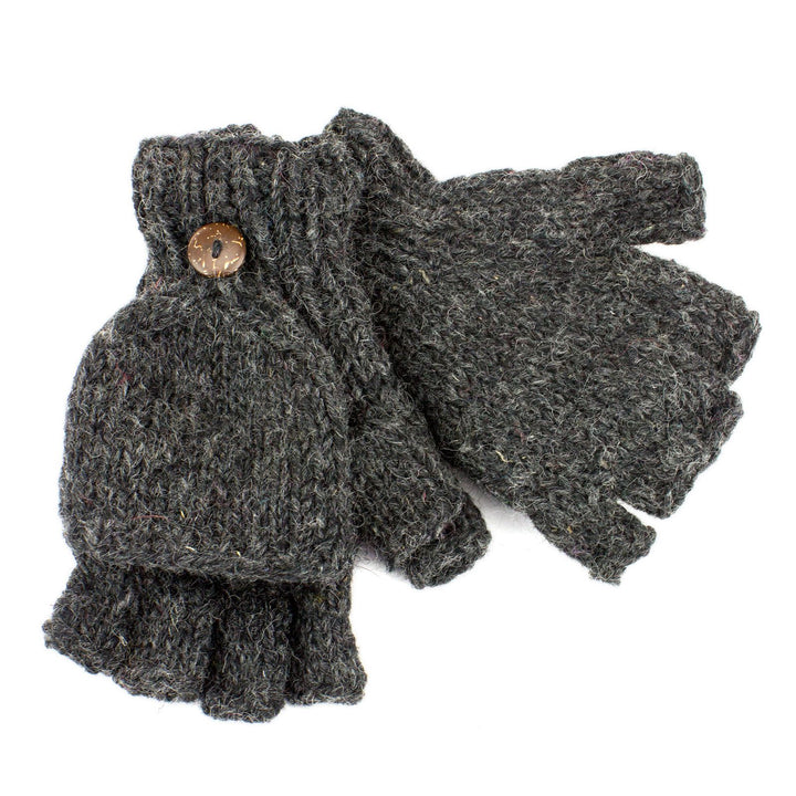 Chunky Wool Knit Fingerless Shooter Gloves - Plain - Charcoal Grey
