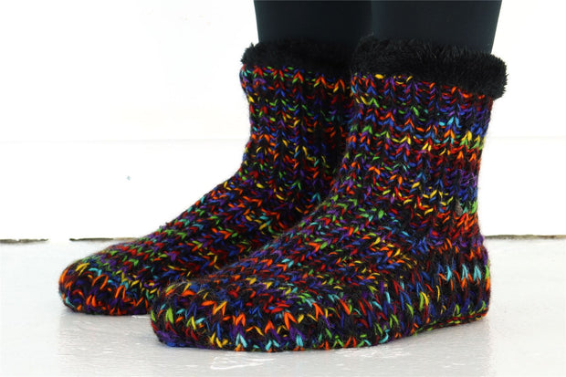 Hand Knitted Wool Slipper Socks - SD Black Rainbow