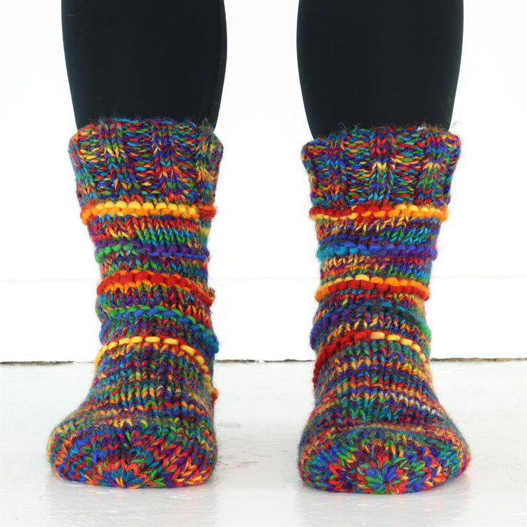 Hand Knitted Wool Slipper Socks Lined - SD Rainbow Rib