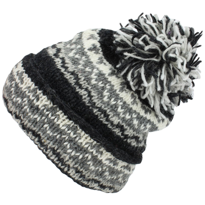 Chunky Wool Knit Baggy Slouch Beanie Bobble Hat - Grey