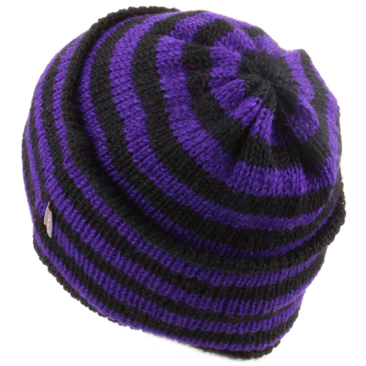 Wool Knit Ridge Beanie Hat with Fleece Lining - Purple & Black
