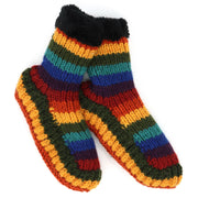Hand Knitted Wool Slipper Socks - Stripe Dark Rainbow
