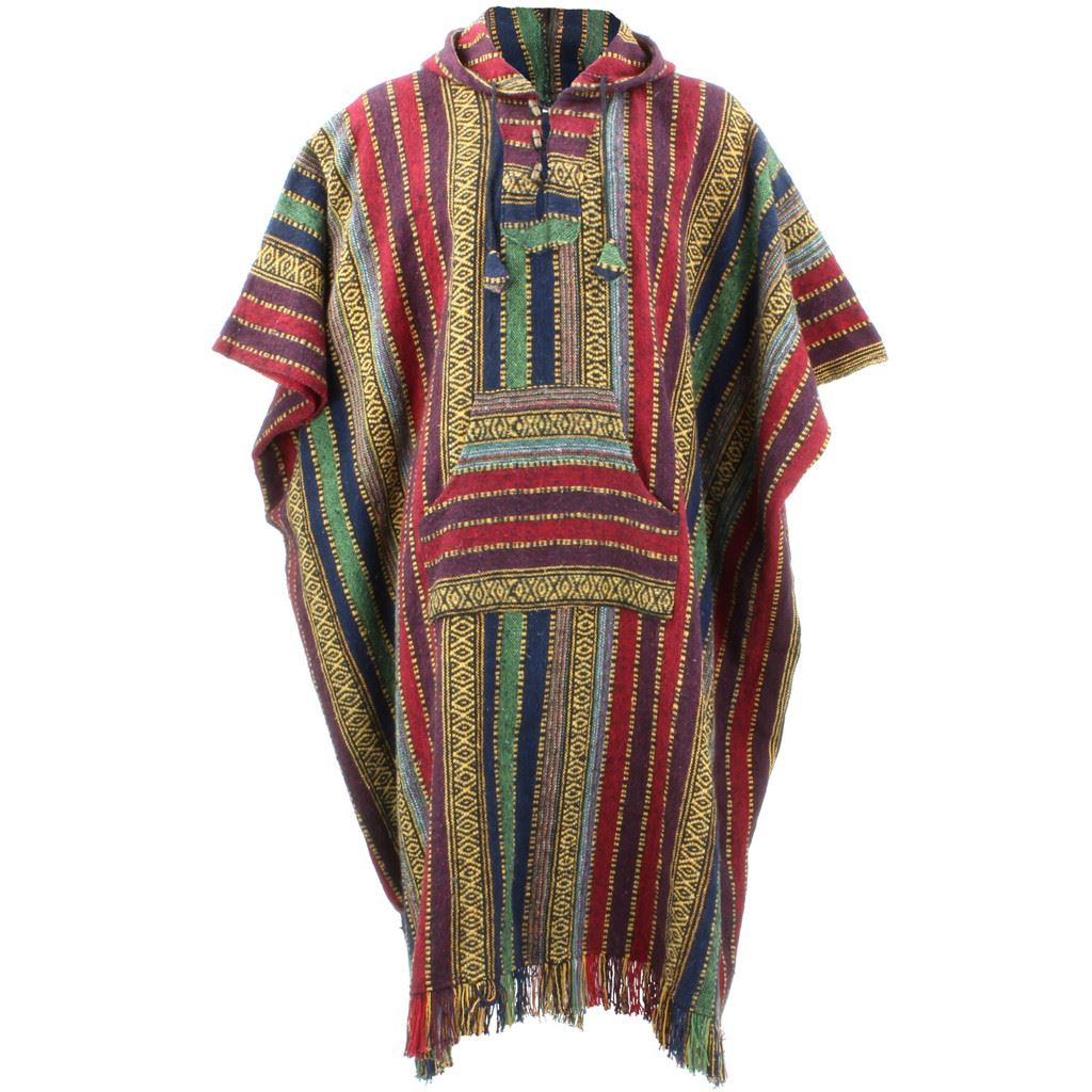 Brushed Cotton Long Hooded Poncho - Red Green