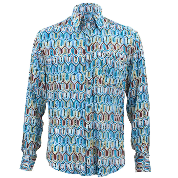 Tailored Fit Long Sleeve Shirt - Blue & Brown Abstract Watercolour