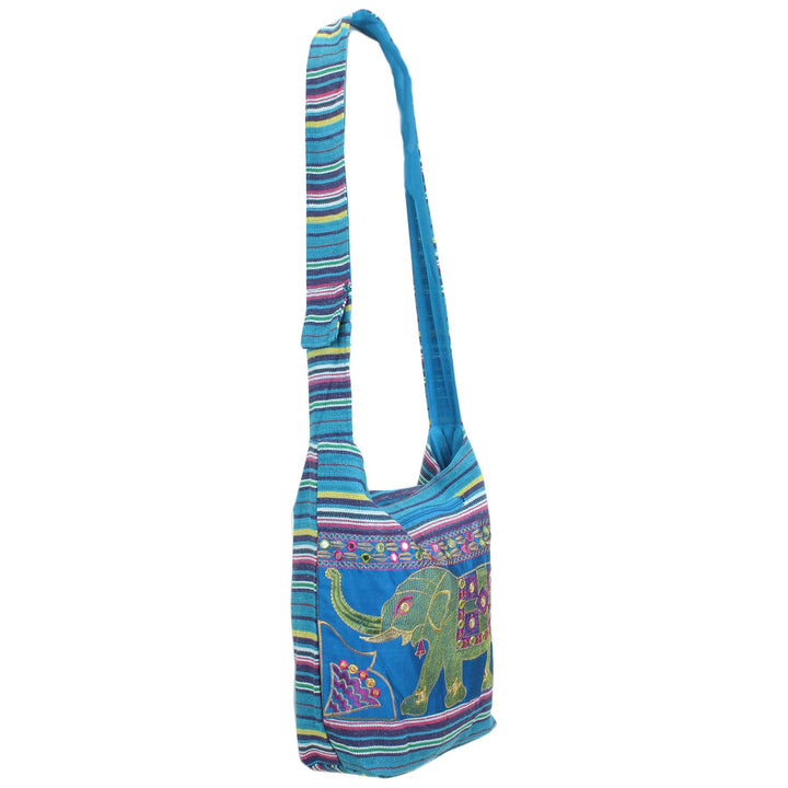 Embroidered Elephant Canvas Sling Shoulder Bag - Light Blue