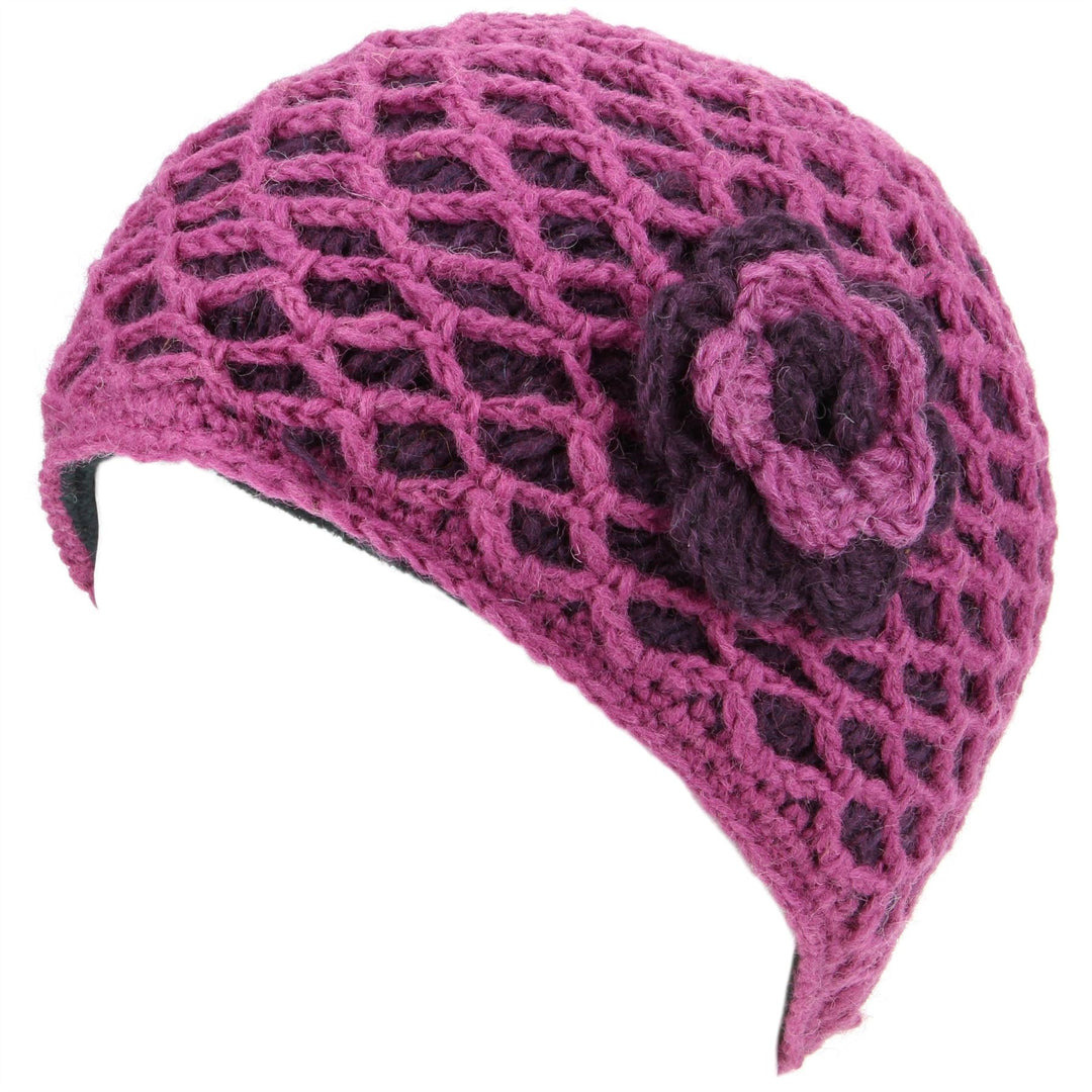 Ladies Wool Knit Crochet Lattice Beanie Hat with Flower - Pink