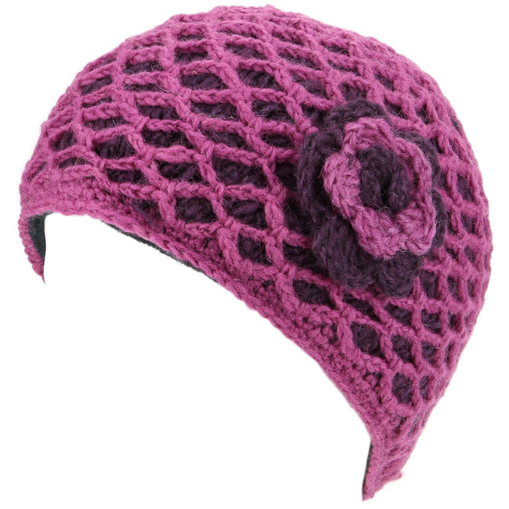 Ladies Wool Knit Crochet Lattice Beanie Hat with Flower - Pink