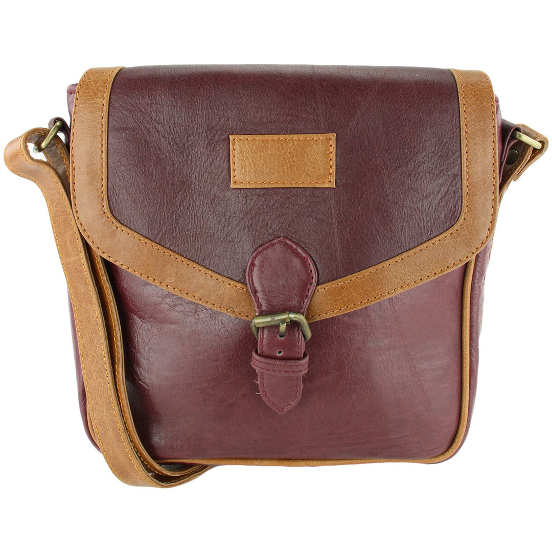 Real Leather Cross Body Messenger Shoulder Bag - Red & Brown