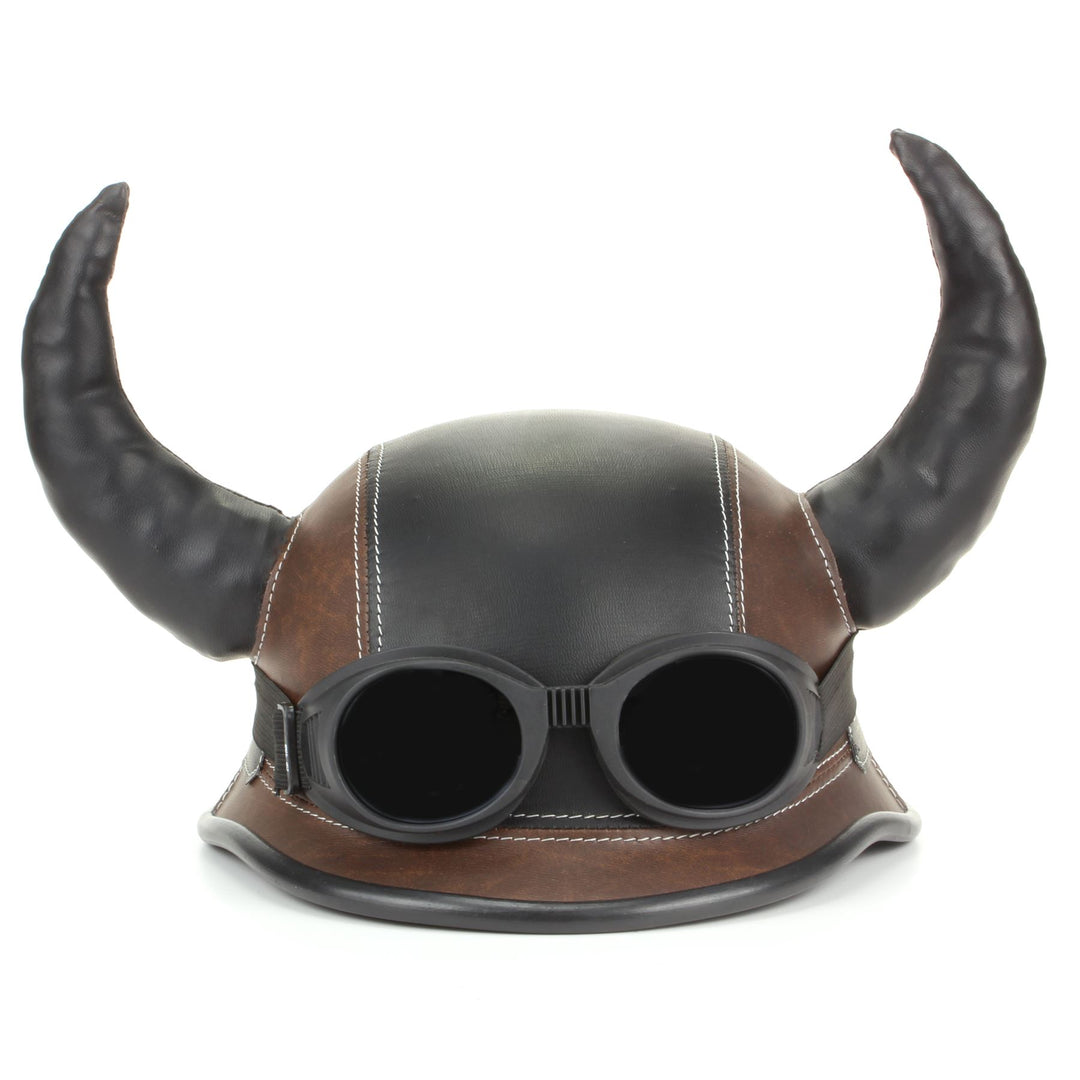 Viking Horned Novelty Festival Helmet with Goggles - Black & Brown