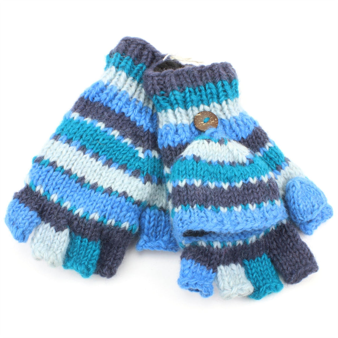 Chunky Wool Knit Fingerless Shooter Gloves - Stripe - Blue