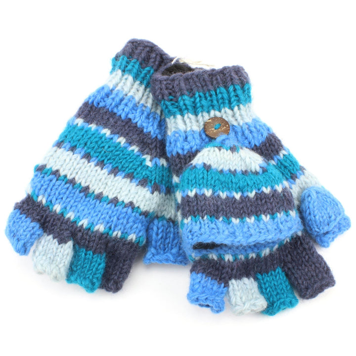 Chunky Wool Knit Fingerless Shooter Gloves - Stripe - Blue