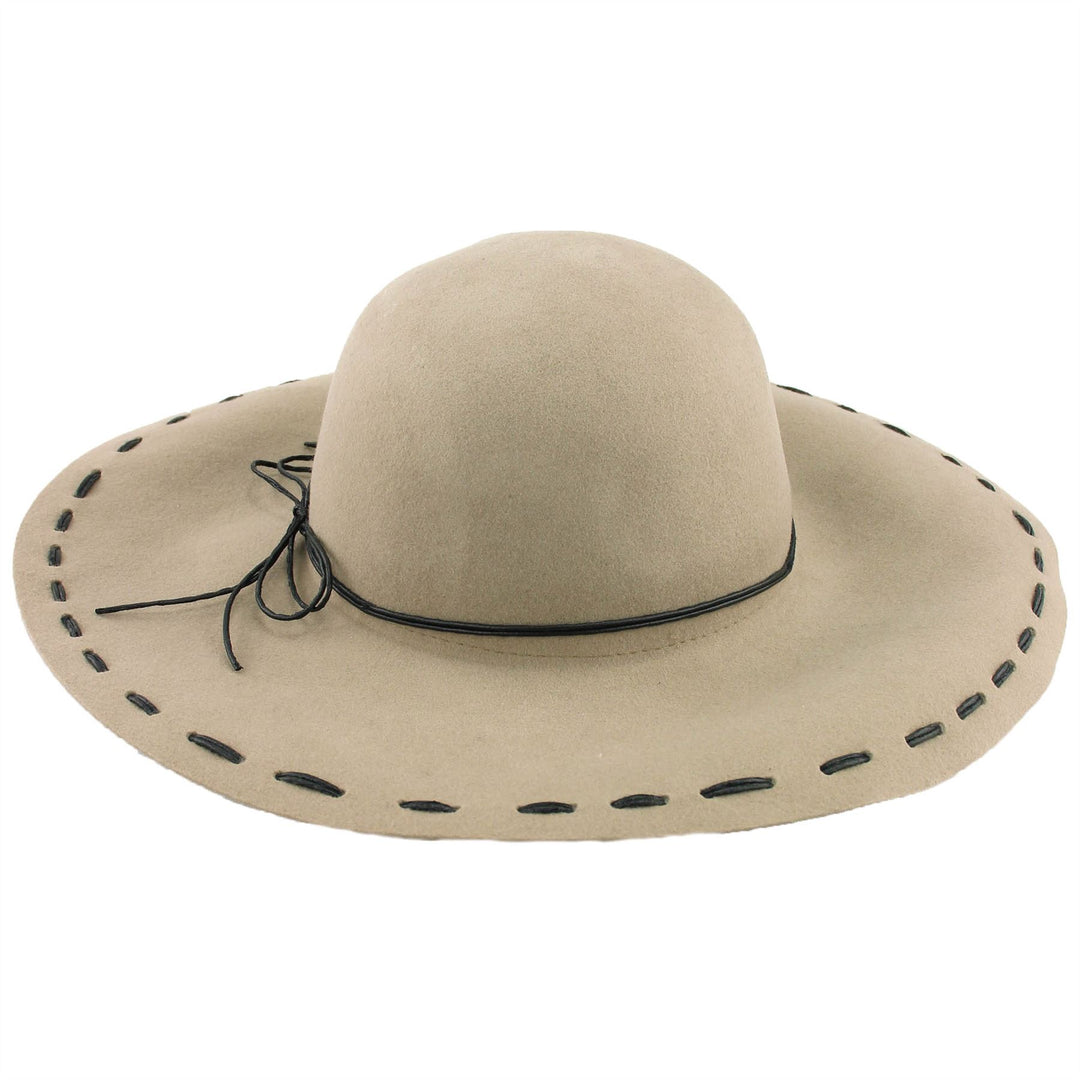 100% Wool felt wide brim floppy hat with cord band - Beige (57cm)