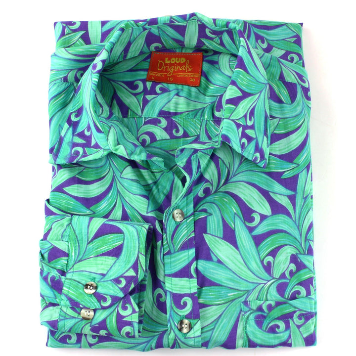 Tailored Fit Long Sleeve Shirt - Green Leaves on Purple