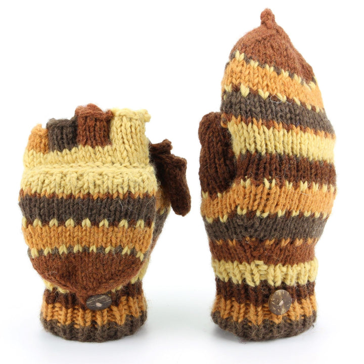 Chunky Wool Knit Fingerless Shooter Gloves - Stripe - Brown