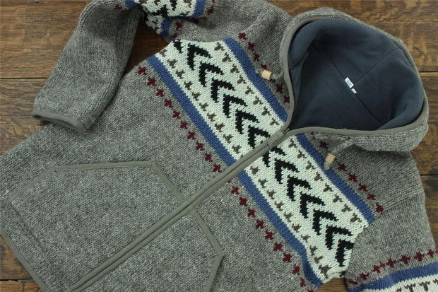 Wool Knit Chevron Hooded Jacket - Grey