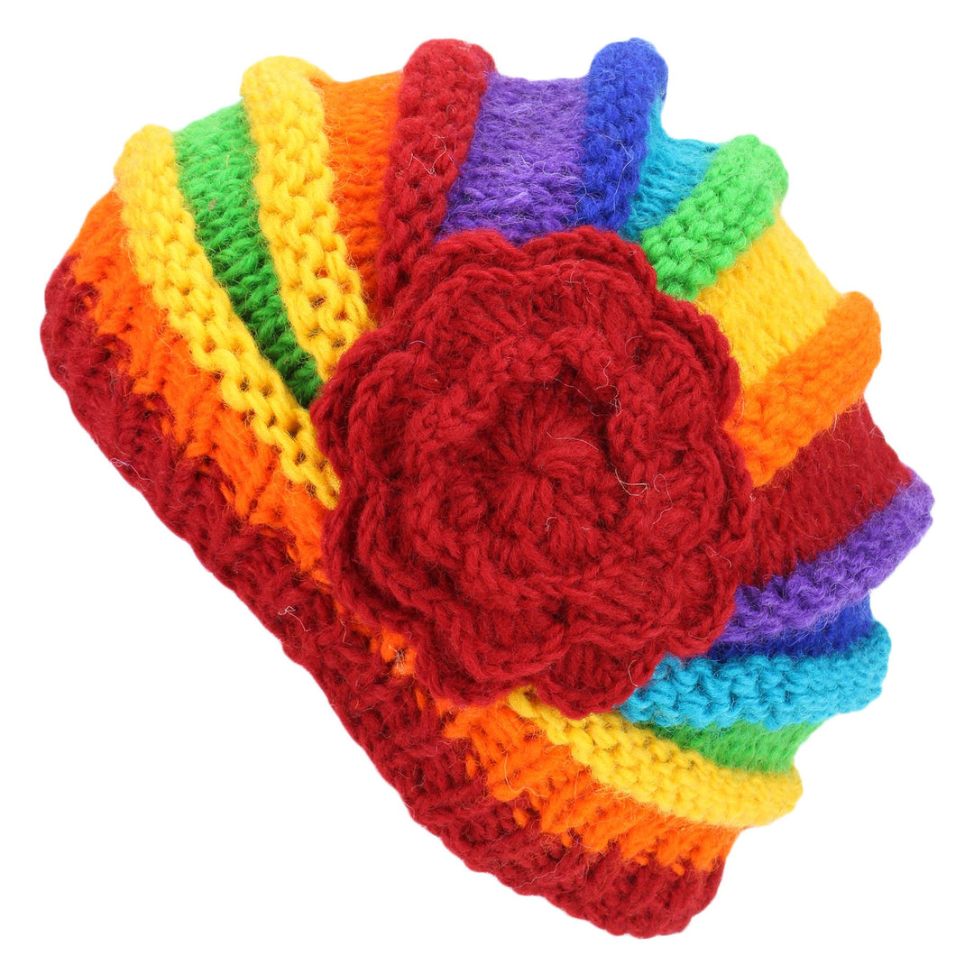 Ladies Chunky Wool Knit Shell Shaped Beanie Hat with Side Flower - Rainbow