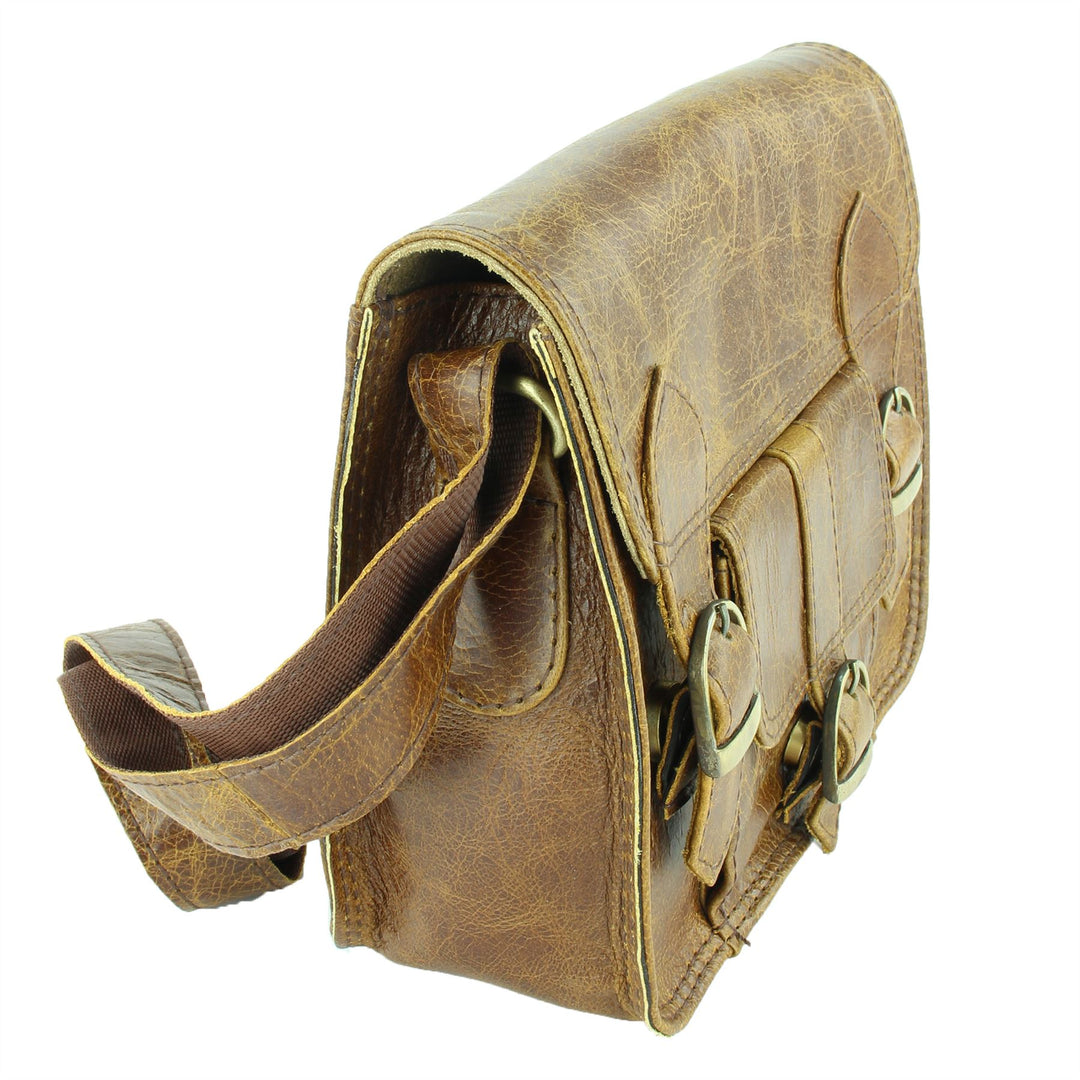 Real Leather Satchel with Front Pocket - Brown