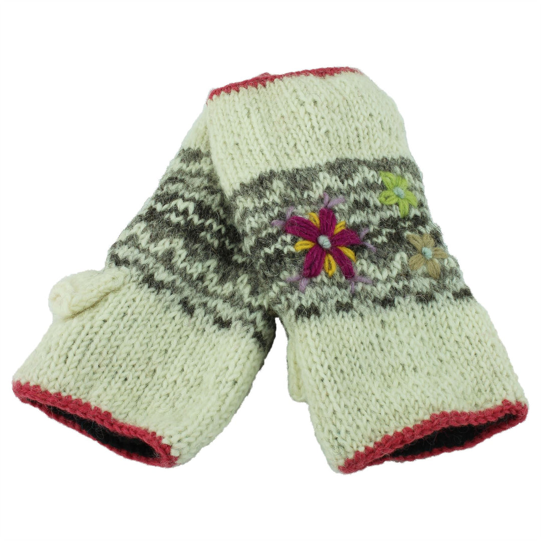 Wool Knit Arm Warmer - Flower - Cream