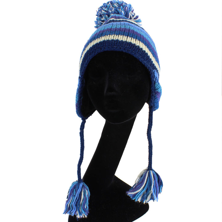 Wool Knit Earflap Bobble Hat - Stripe Blue White