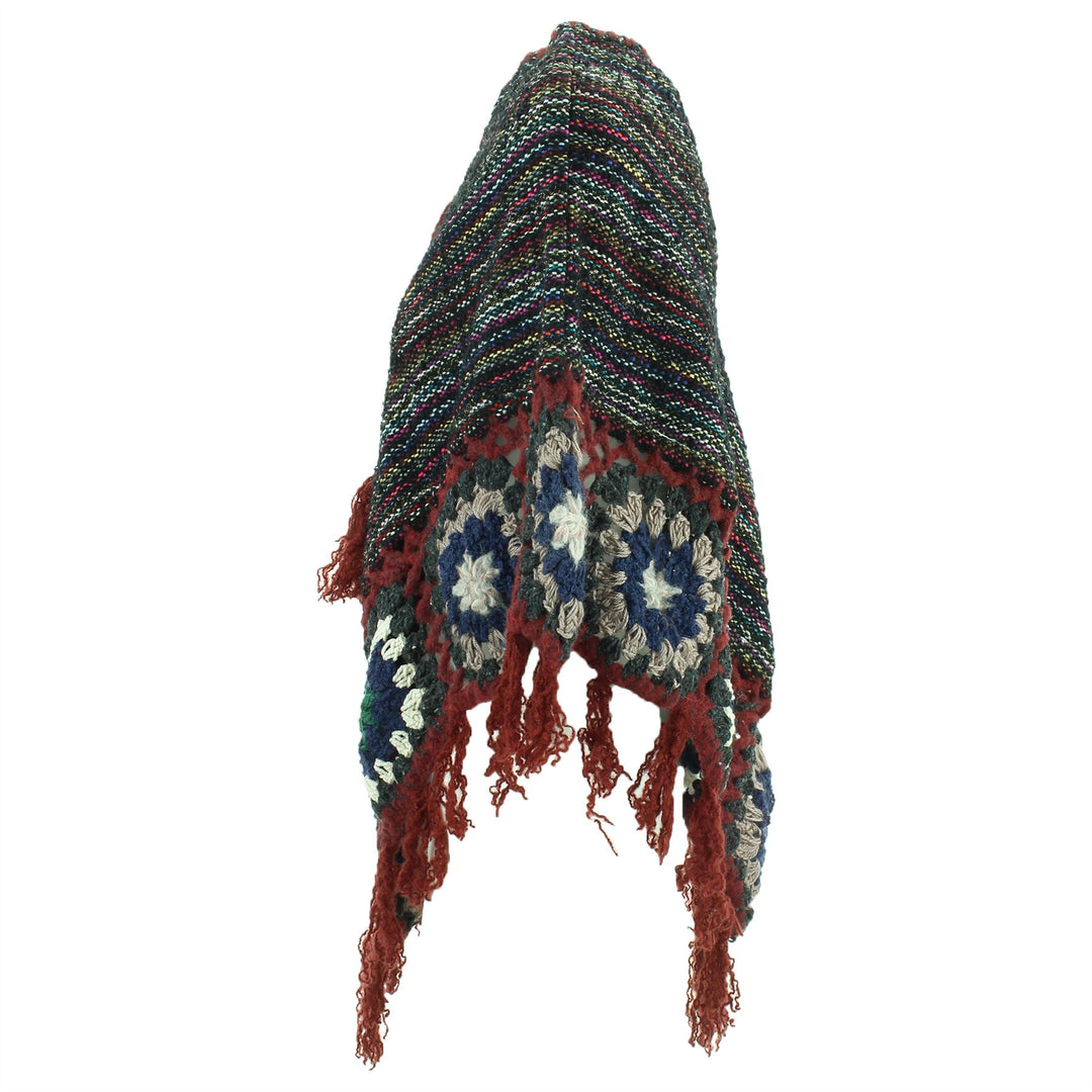 Granny Squares Crochet Poncho Short - Black Multi/Maroon