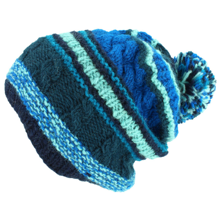 Wool Knit Bobble Beanie Hat - Stripe Blue