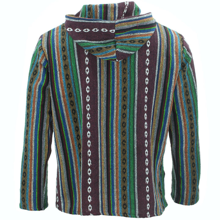 Woven Cotton Baja Hoodie - Maroon, Blue & Green