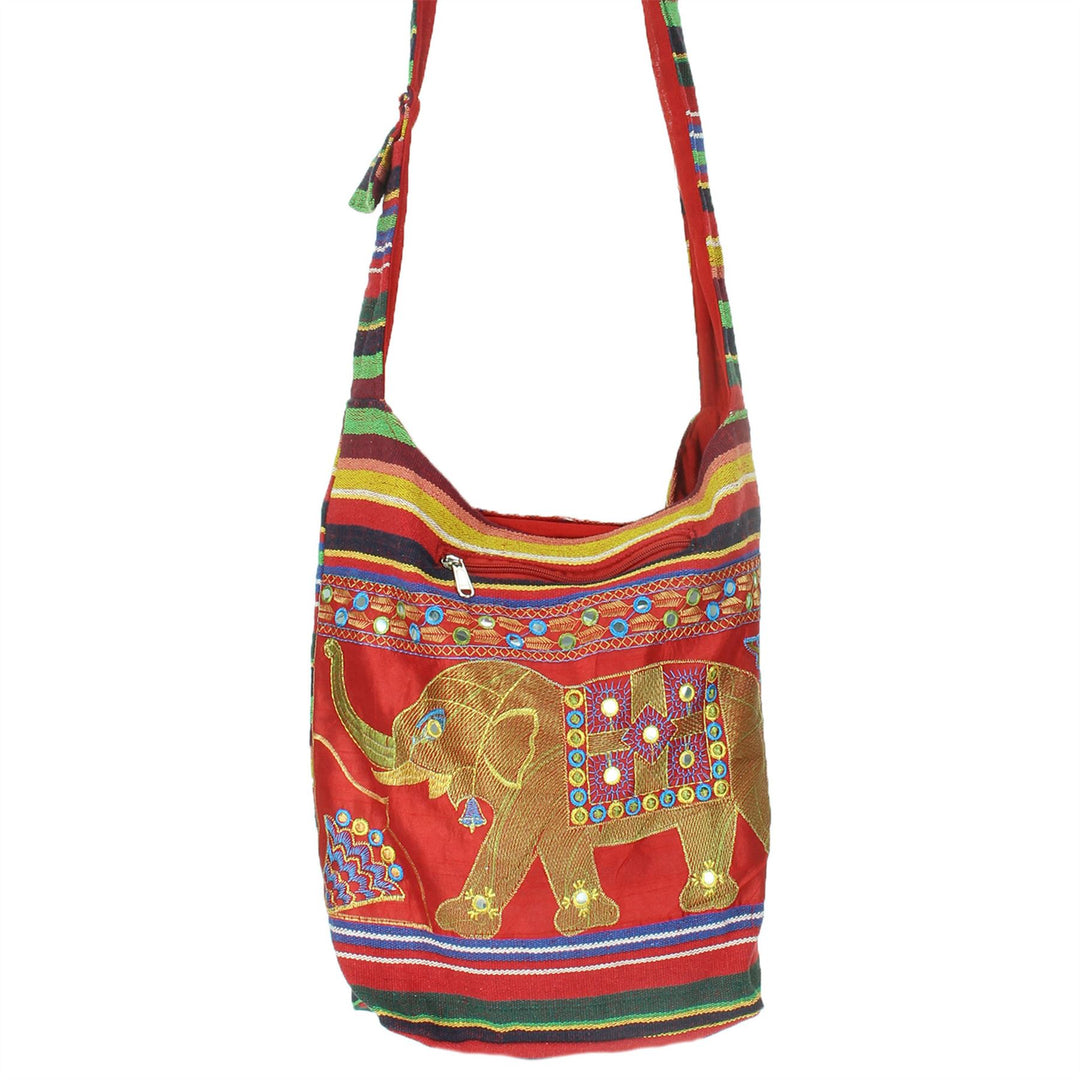 Embroidered Elephant Canvas Sling Shoulder Bag - Red