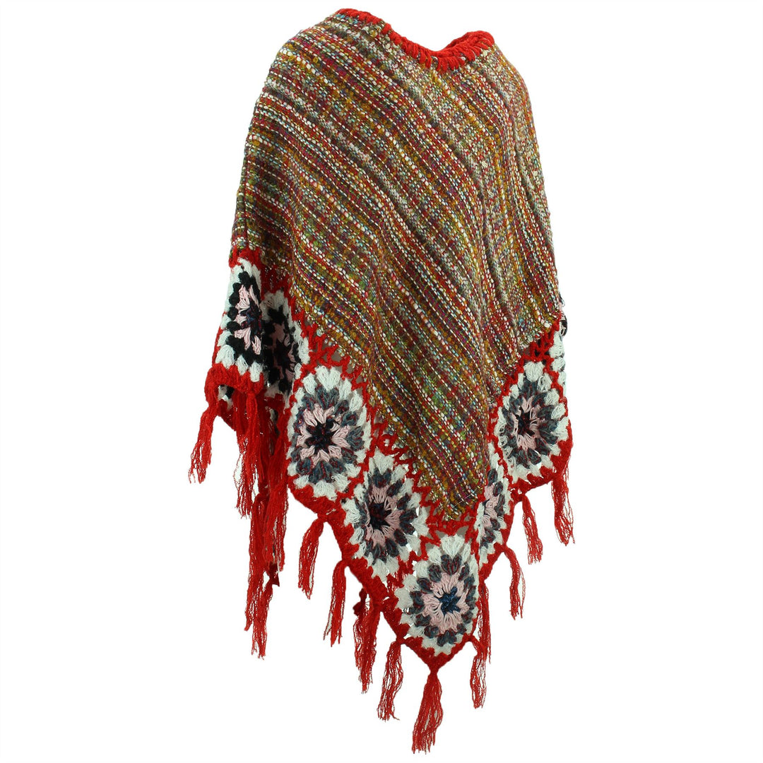 Granny Squares Crochet Poncho Long - Rainbow/Red