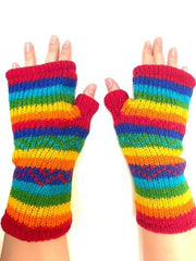 Wool Knit Fleece Lined  Wrist Warmers - Rainbow Zig Zag