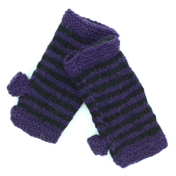 Hand Knitted Wool Arm Warmer - Stripe Purple Black
