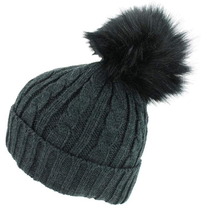 Cable Knit Beanie Hat with Faux Fur Bobble - Charcoal Grey