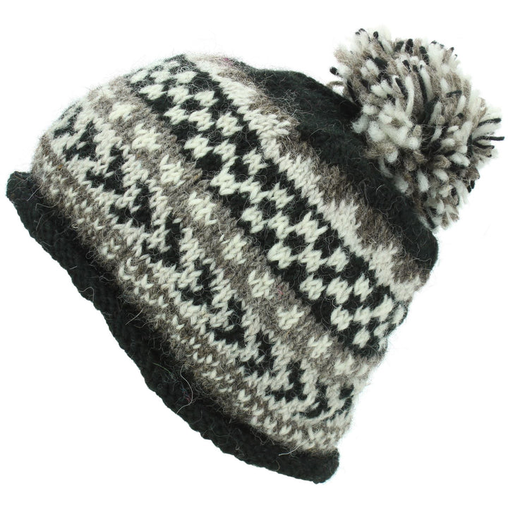 Wool Knit Beanie Bobble Hat - Chevron - Black