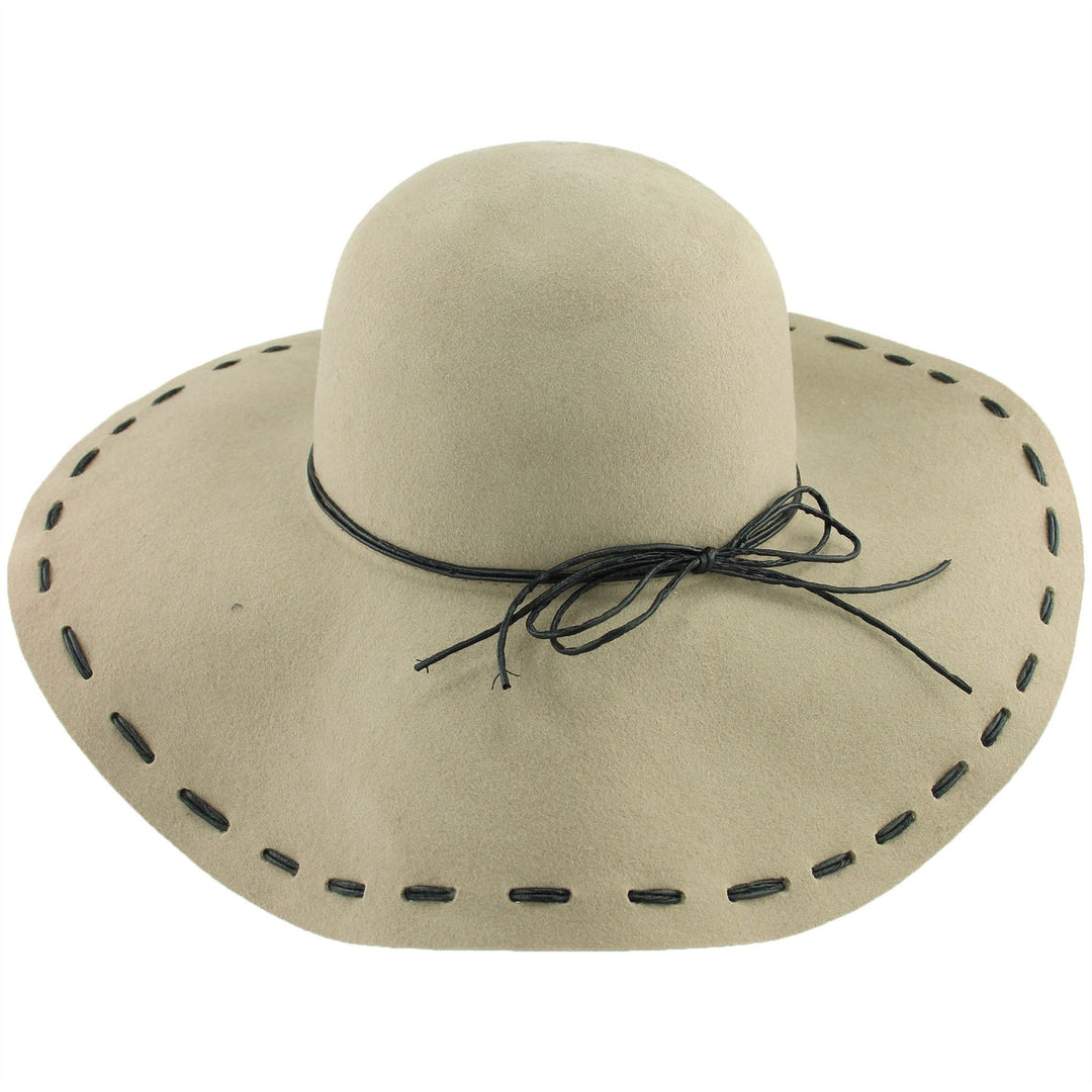 100% Wool felt wide brim floppy hat with cord band - Beige (57cm)