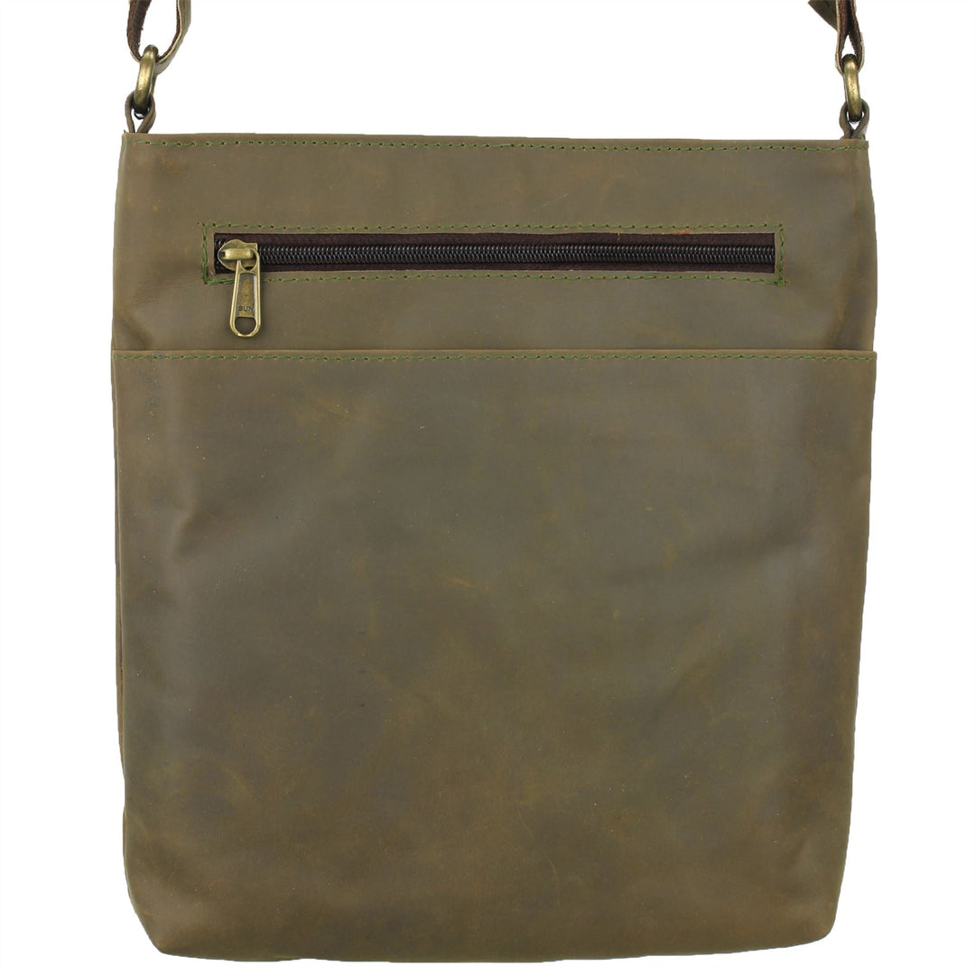 Real Leather Shoulder Bag with Front Zip and Pouch Pocket - Light Brown