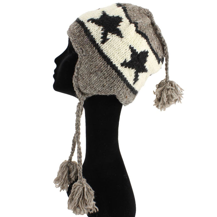 Wool Knit Earflap Tassel Hat - Star Grey