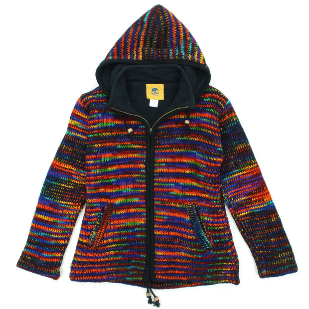 Hand Knitted Wool Hooded Jacket Cardigan Ladies Cut - SD Black Rainbow