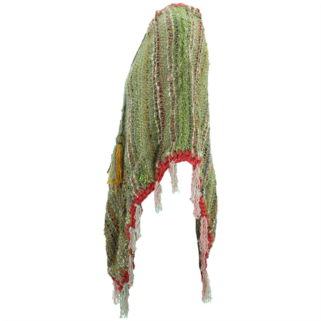 Stripe Crochet Poncho Long - Green