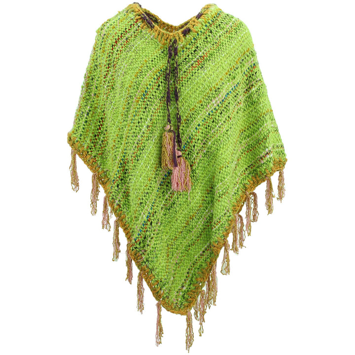 Stripe Crochet Poncho Long - Bright Green